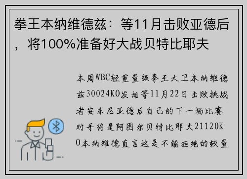 拳王本纳维德兹:等11月击败亚德后,将100%准备好大战贝特比耶夫 拳王本纳维德兹:等11月击败亚德后,将100%准备好大战贝特比耶夫